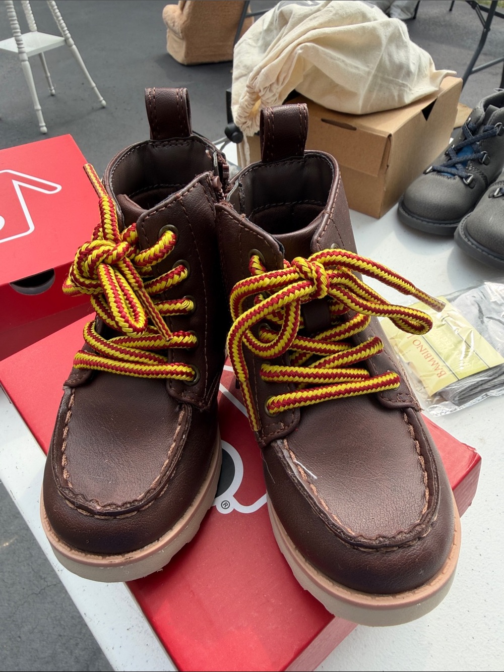 Cat & Jack Kids Brown Leather Boot with Yellow-Red Contrast Laces